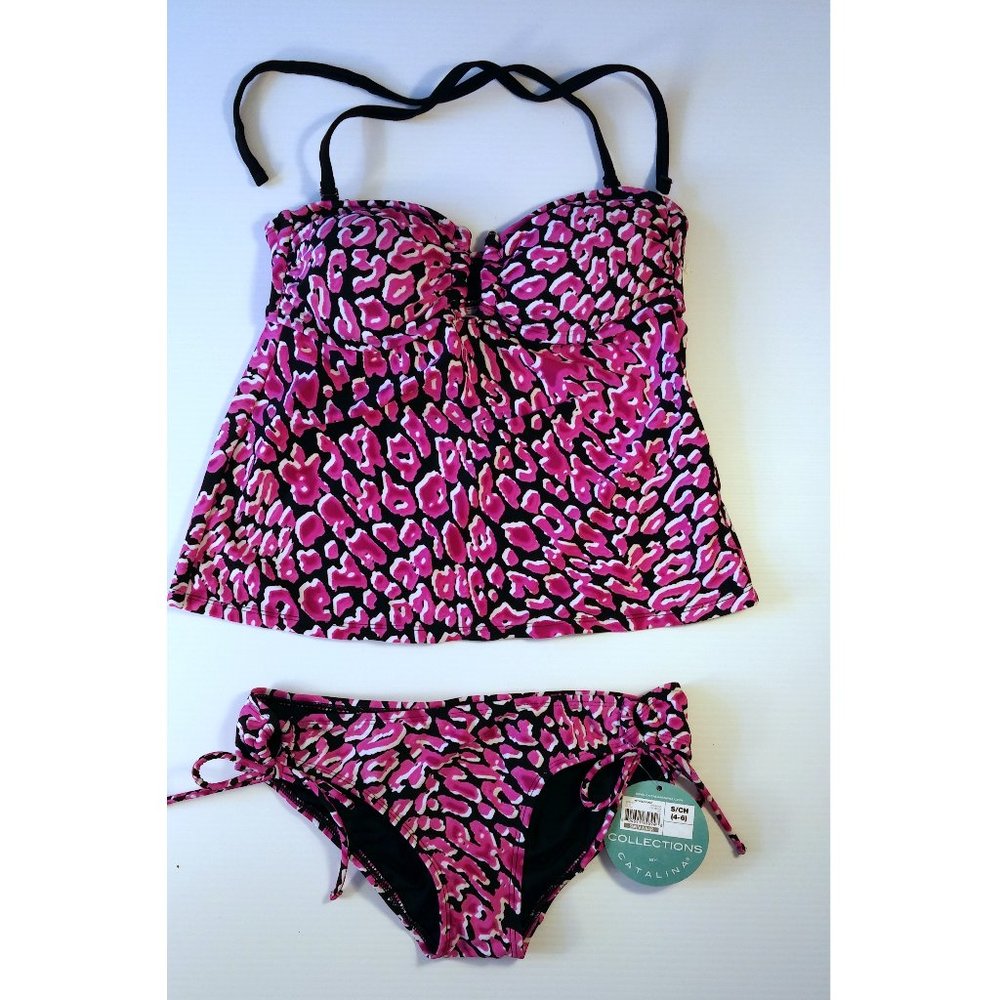 Small Bikini Swim Set Top Bottom 2-piece Pink Animal Print Halter Barbie NEW